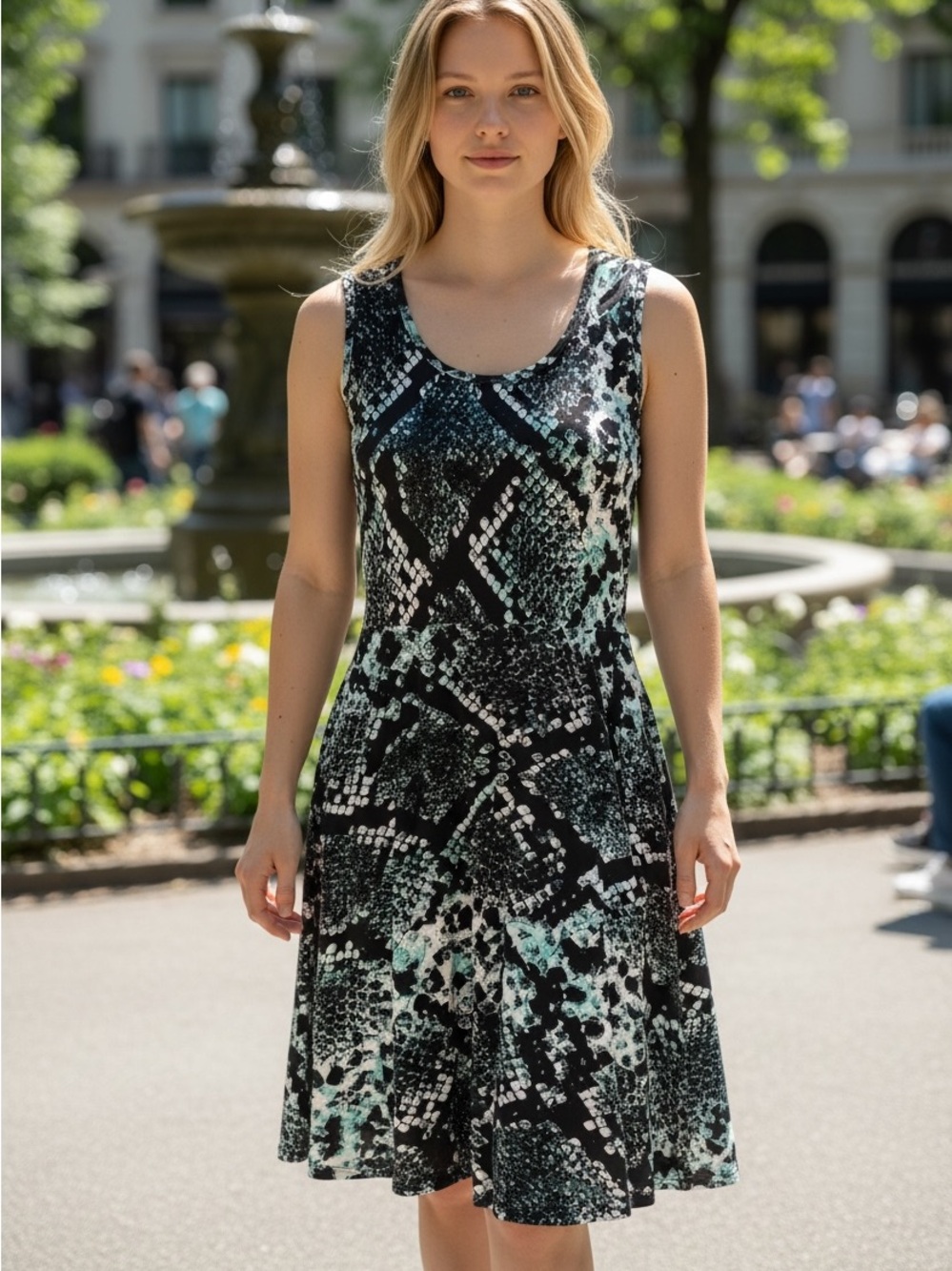 LuLaRoe Black & Teal Patterned Sleeveless Midi Dress